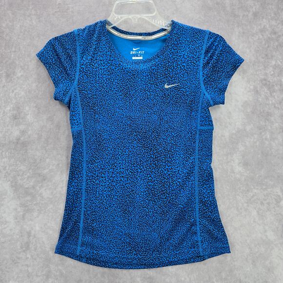 Nike Di Fit Blue Black Print Short Sleeve Active Running Tshirt XS Extra Small - Picture 1 of 7
